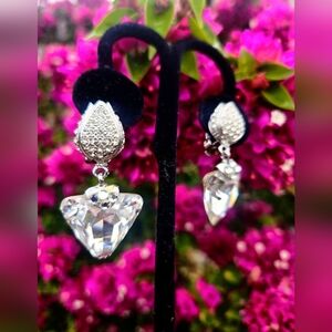 80s Pavé Rhinestone Tulip & Foiled Crystal Geometric Drop Earrings - Made in USA
